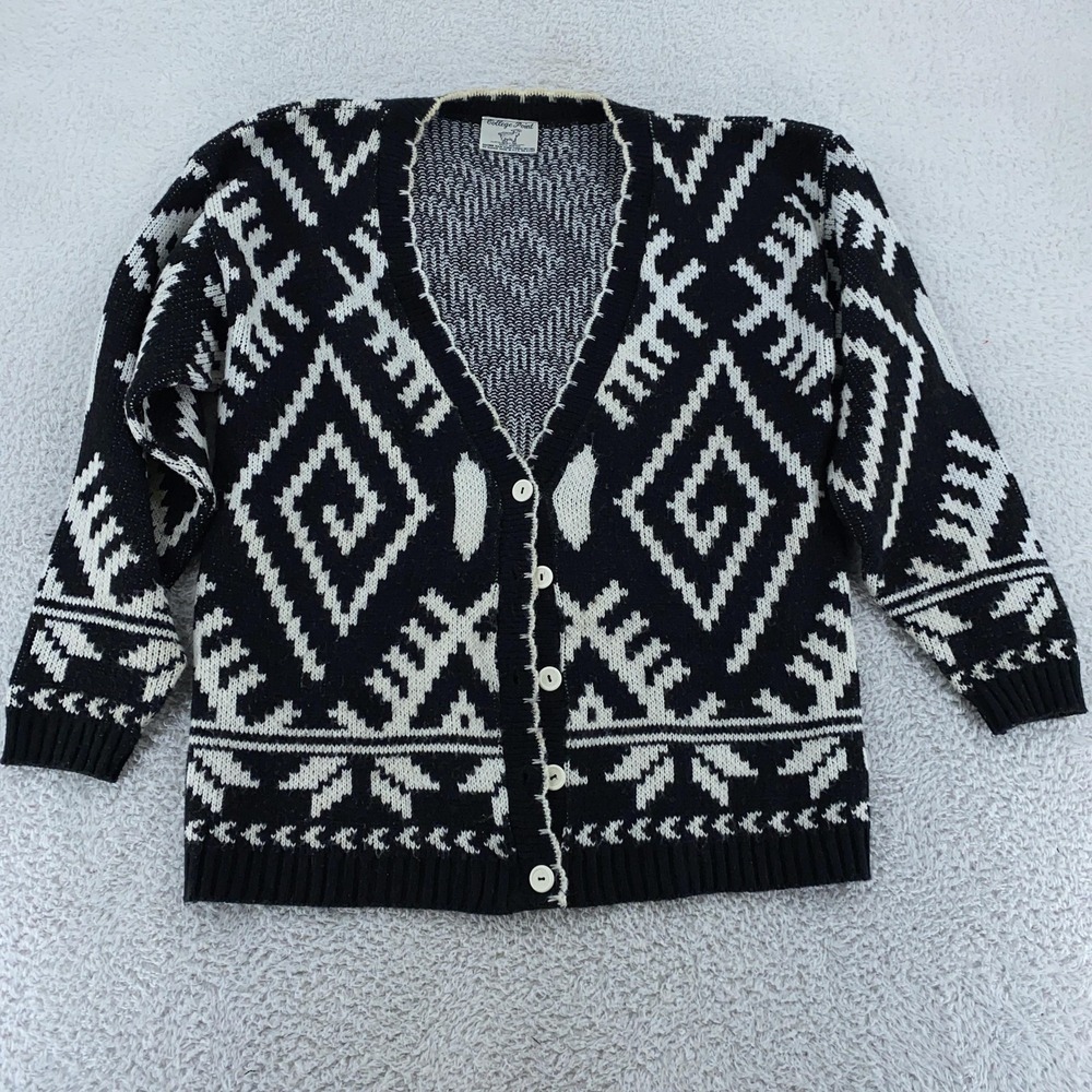 Vintage College Point Sweater Mens‎ M Black White Cardigan Aztec Knit USA 80s